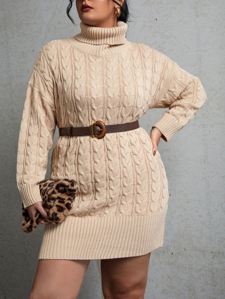 

plus turtleneck cable knit drop shoulder sweater dress without belt v5ts#, Black