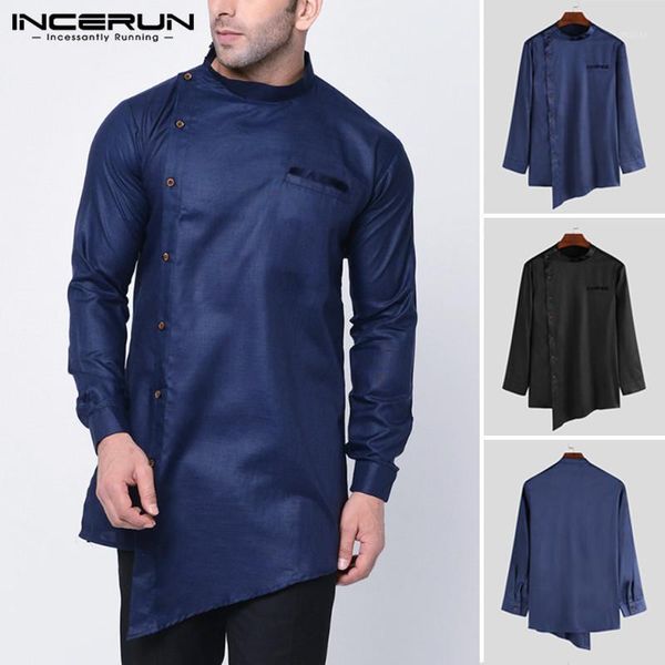 

men's casual shirts incerun man irregular kaftan dress shirt fit stand collar button muslim camisa men long solid color robes1, White;black