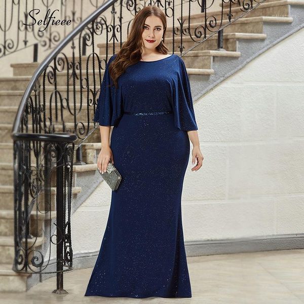 

plus size navy blue maxi dress women o-neck sequined batwing sleeve sparkle bodycon formal party dress long vestidos 20201, White;black