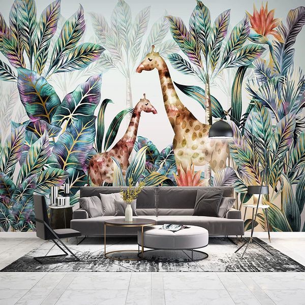 Papel de Parede Parede costume 3D Modern floresta tropical folhas das plantas Giraffe animal da foto Murais Sala de TV Quarto Etiqueta 3 D