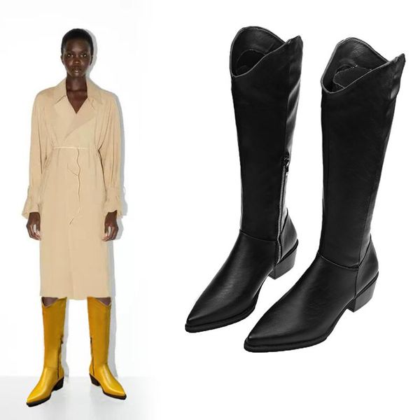 

slip on rubber thick heels female knight boots pointed toe pu women knee-high boots roman fashion long women botas autumn, Black