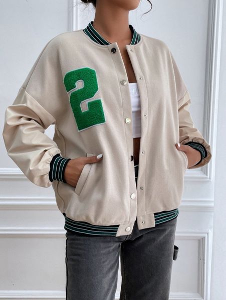 

letter patched striped trim drop shoulder bomber jacket u8ii#, Black;brown