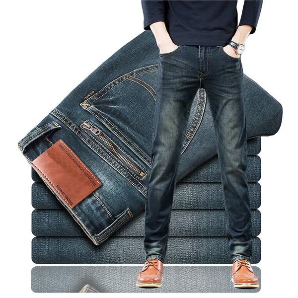 

узкие джинсы мужчины zipper slim fit denim joggers stretch мужской жан карандаш брюки ретро цвет мужские джинсы вскользь брюки, Blue