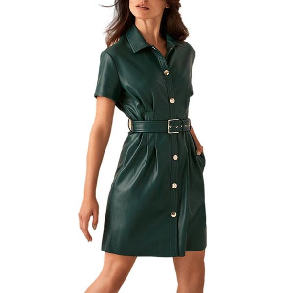 

women's solid-color v-neck pu faux leather bodycon dress fashion ladies club street single breasted belt short-sleeved vestido, White;black