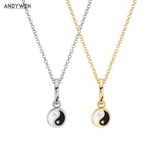 

andywen 925 sterling silver gold night day pendant long chain necklace 2021 fashion fine jewelry enamel white balck jewelry
