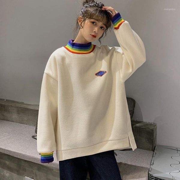 

autumn turtleneck sweatshirts women long sleeve hoodies rainbow stripesd print pullover1, Black