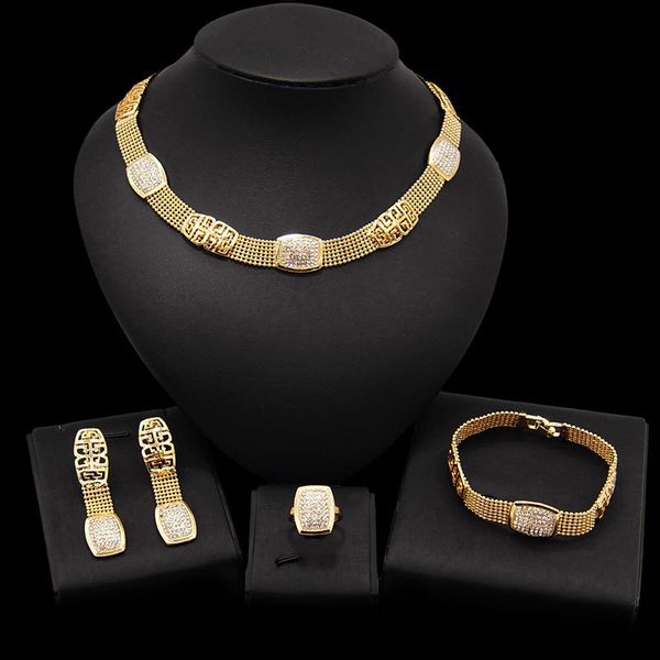 

yulaili trendy square metal rhinestones necklace earrings bracelet ring for women elegant fashion party wedding jewelry sets, Silver