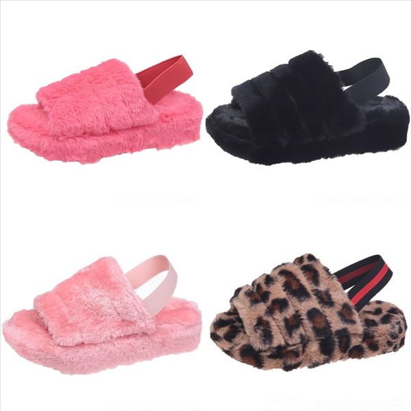 

d2ye cute women plush slipper for open toe kid indoor non-slip plush soft slippers home new slippers shoes house floor cotton women slides, Black