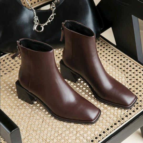 

ботильоны женщины boots женская обувь женщина моды на высоких каблуках короткие ретро площади toe 2020 осень новый d548, Black