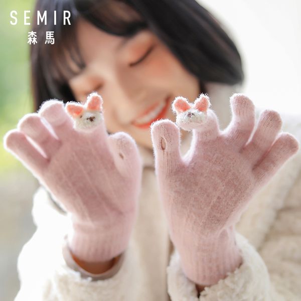 

senma touch screen glove female cute cartoon korean knitted wool five finger riding warm and cold proof gloves in winter, Blue;gray