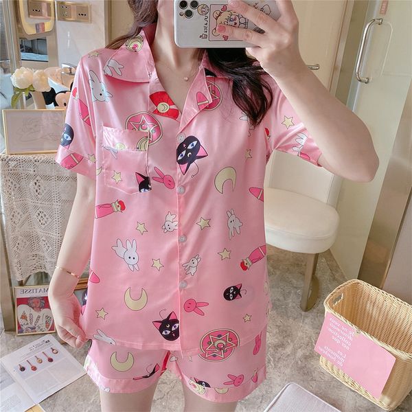 Röcke Silka überschüssige sexy Seide Satin Nachtwäsche süßer Seemann Monddruck Pyjama Sets für Frauen Kurzarm Pink Pijama weibliche Nachtwäsche Y2