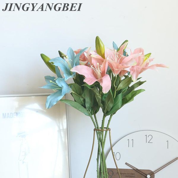 

diy 3 heads artificial silk lily flores wedding bridal fake flowers bouquet plants white lily home party decor for display