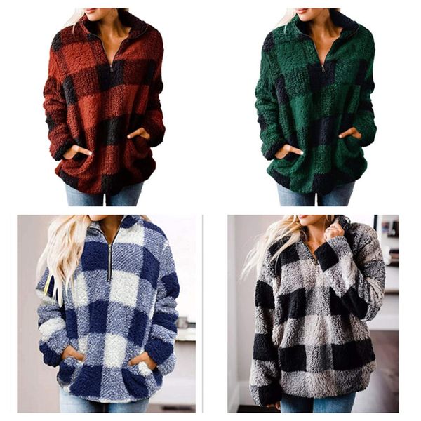 

женщины топы осень зима полные рукава блузка свободно утолщенные плед молния с высоким вырезом пуловер plush hoodie куртка женское пальто тк, White