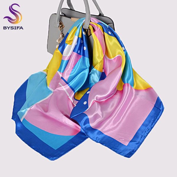 

[BYSIFA] Blue Pink Women Silk Scarf Hijab Fashion Polka Dot Square Scarves Printed 90*90cm Brand Fall Winter Satin Scarf Shawl, Blue;gray