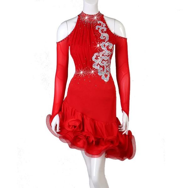 

new style red color latin dance dress rumba salsa dance dress performance profession latin competition1, Black;red