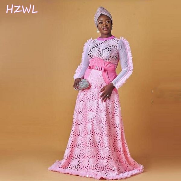 Retro Spitze Rosa Plus Size Prom Kleider 2021 Aso Ebi Afrikanische Lange Ärmel Sweep Zug Abendkleider Saudi-Arabien Robe de Soiree