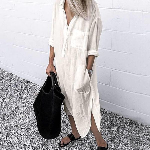 

elegant women spring lapel neck long sleeve cotton linen dress solid sundress full long shirt dress baggy split hem vestido, Black;gray