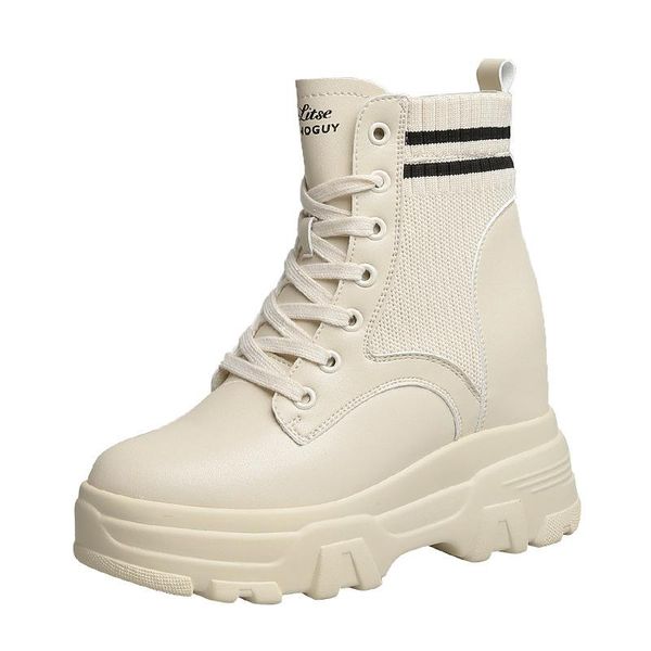 

2020 fashion leather platform martin boots short tube plus velvet thick winter lace elastic fabric flat heel cotton shoes, Black