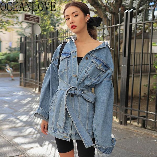 

oceanlove vintage women jacket denim sashes lace up streetwear chaqueta mujer 2020 autumn solid loose jaqueta feminina 125261, Black;brown