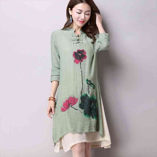 

spring womens national wind casual long-sleeved cotton linen dress plus size long linen dresses simple printing cx002, Black;gray