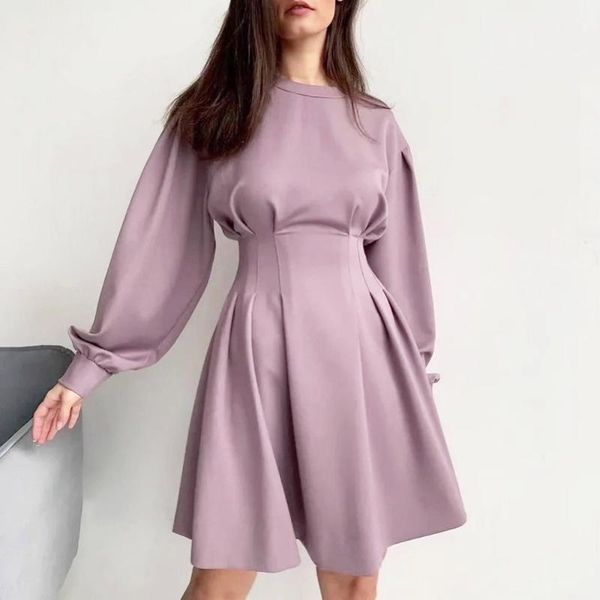 

western style autumn women fashion long sleeve dress simple thin elegant sellers high waist round neck lantern sleeve, Black;gray