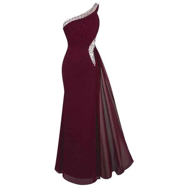 Angel-Fashions Mulheres Um Ombro Vestido de Noite Vestido Longo Beading Formal Party Vestido Vinho Vermelho 411 T200604