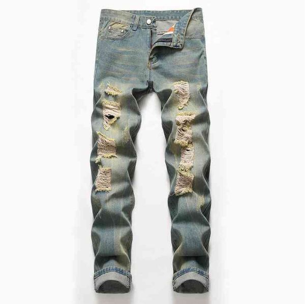 

men's jeans big size mens classic straight leg ripped fashion designer slim fit washed solid hole biker hip hop retro blue denim pants
