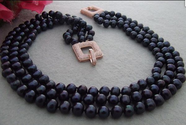

beautiful 3row 9mm black freshwater pearl&cz clasp necklace, Silver