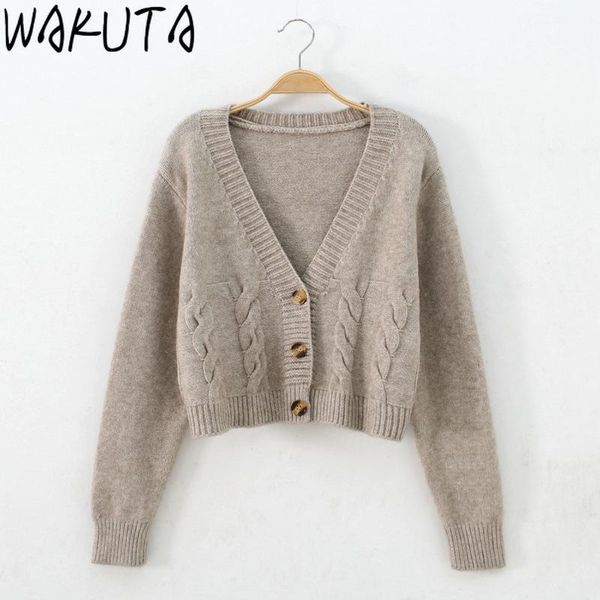 

women's knits & tees wakuta 2021 simple fashion cropped cardigan women vintage pattern casual loose v-neck long sleeve warm short sweat, White