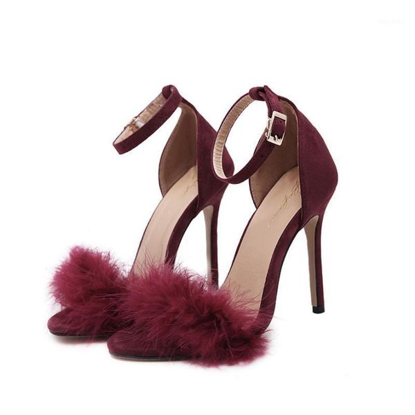 

new pink women sandals open toe furry fur summer high-heeled sandals ladies wedding stripper shoes1, Black