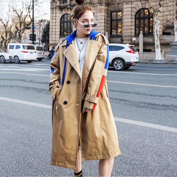 

women's trench coats 2021 fashion patchwork khaki hooded coat women double breasted belt loose long lady casual spring autumn outerwear, Tan;black