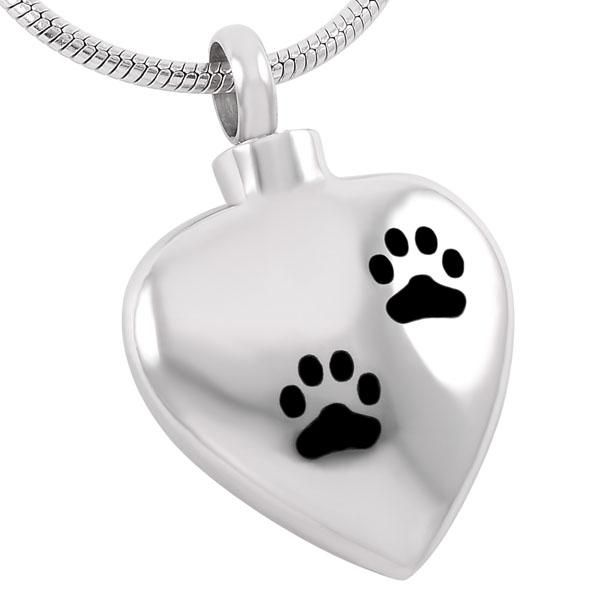 

ijd8382 black cat/dog print in heart pendant stainless steel keepsake urn memorial ashes holder cremation necklace for pet, Silver