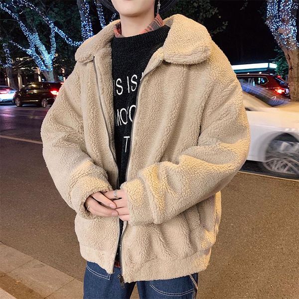 

winter lamb hair jacket men warm fashion parka men thicken plush short coat man streetwear loose cotton clothes male, Black
