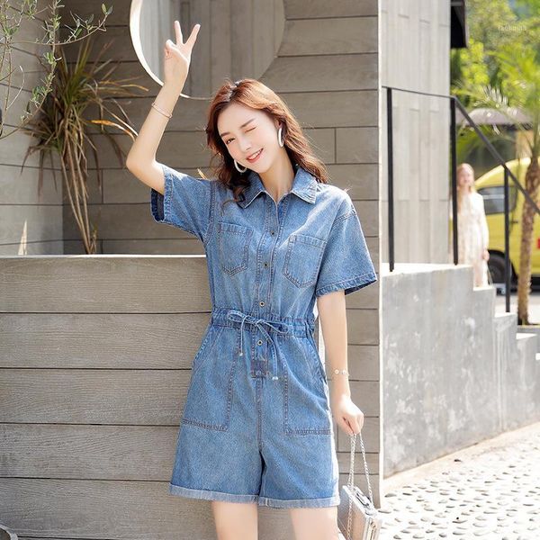

women casual drawstrings light blue denim playsuits for summer 2020 new short sleeve button pockets short jumpsuits rompers1, Black;white