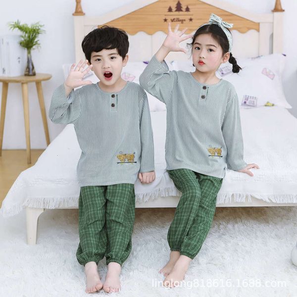 

summer pajamas boys girls anti mosquito thin baby middle and large children's long sve slubby cotton air conditioning suit, Blue;red