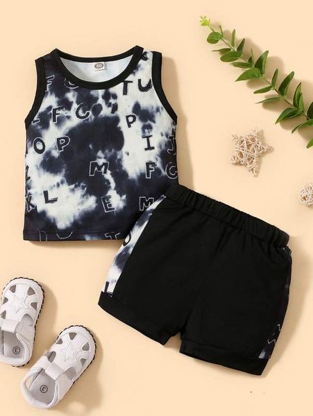 

baby tie dye letter graphic contrast binding tank & shorts she, White