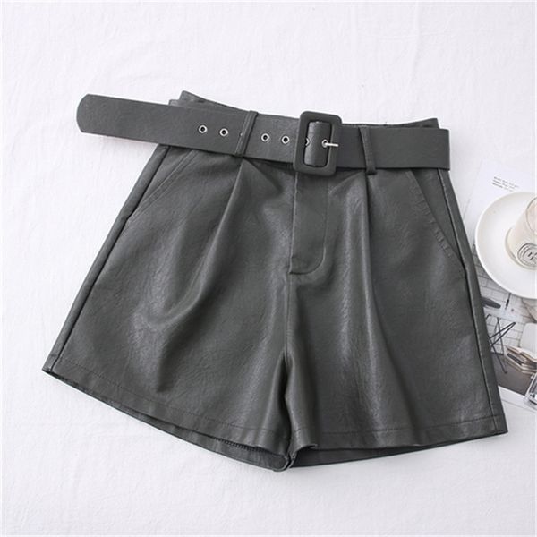 

2021 new autumn and winter new fashion all-match pu leather high waist thin shorts wide leg boots pants with belt women q8iw, White;black