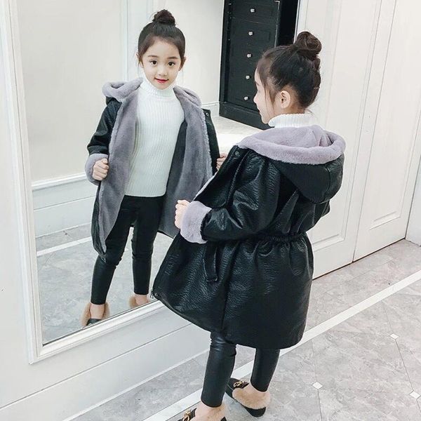 

jackets 2021 autumn winter fashion children girls pu solid zipper o-neck faux leather outerwear kids thick warm coat1, Blue;gray