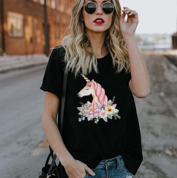 

women t shirt cute cartoon unicorn print tshirt women short sleeve o neck loose t-shirt ladies causal tee shirt clothes, White