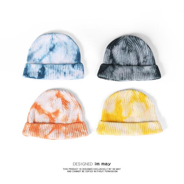 

designer tie-dye woolen hat new fashion girl beanies male hip-hop trend knitted gradient melon leather hats, Blue;gray