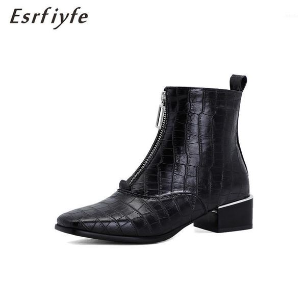 

boots esrfiyfe 2021 fashion women shoes autumn woman front zipper open botas ankle winter thick heels leather party booties1, Black