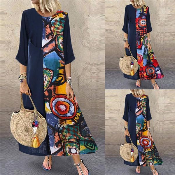 

fashion new dress women stitching vintage o-neck print long sleeve plus size long dresses vestidos verano 2019 mujer#guahao, Black;gray