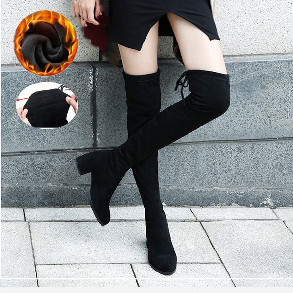 Heißer Verkauf-Frauen 2020 Herbst Winter Damen High Heel Warm Pelz Plüsch Lange Oberschenkel Hohe Schwarz Elastische Flock Slim Fit Overknee Stiefel