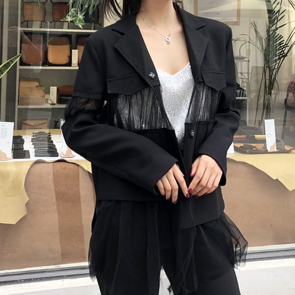 

spring new brand mesh patchwork see through chic womens blazer jackets long sleeve asymmetrical fake pockets female outerwear1, White;black