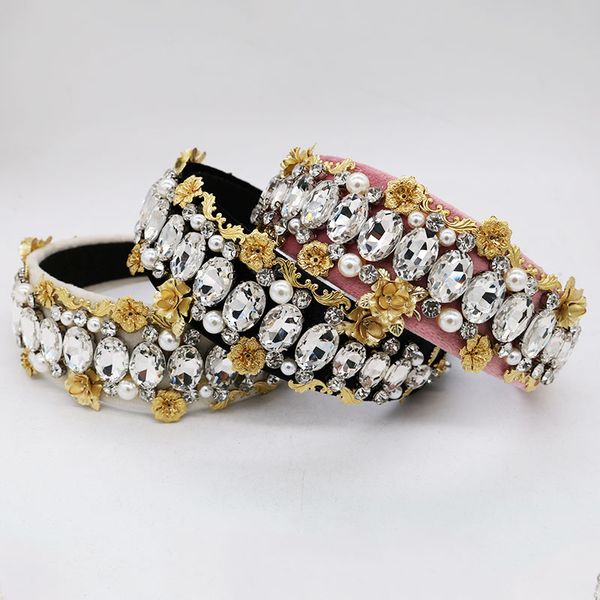 

new luxury baroque rhinestone pearl geometric metal flower flannel headband personality ball show hair accessories jewelry, Golden;silver