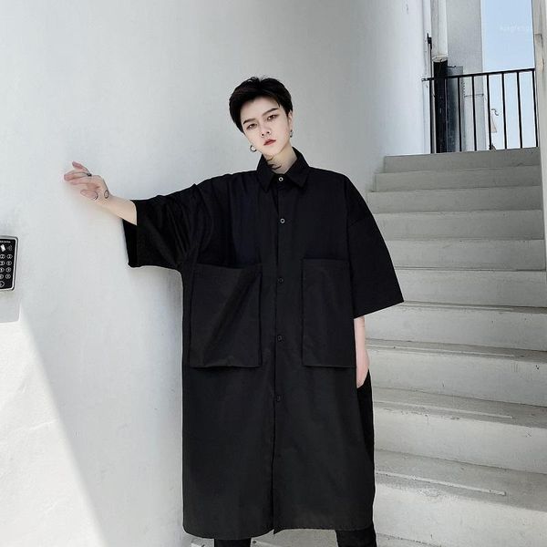 

men large pocket loose short sleeve japan karajuku streetwear shirt summer male women retro fashion long style dress shirt1, White;black