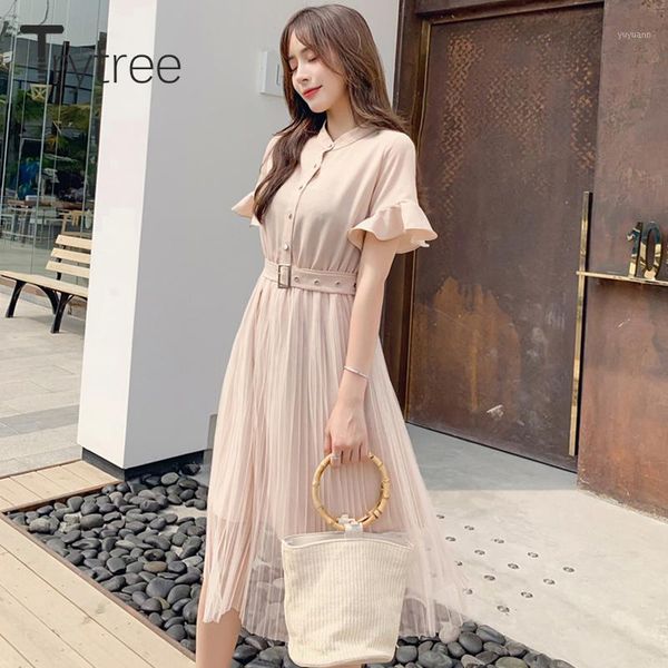 

trytree summer shirt dress casual solid polyester patchwork mesh pleated hem women dresses belt office lady knee-length dress1, Black;gray