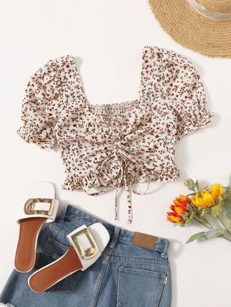 

ditsy floral shirred back drawstring ruched front ruffle trim z8hm#, White