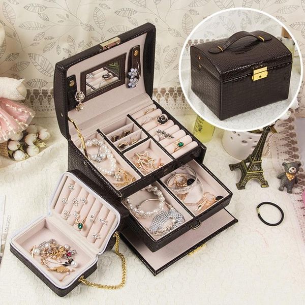 

lockable jewelry box necklace ring storage organizer synthetic leather large jewel cabinet gift case jewelry display, Pink;blue