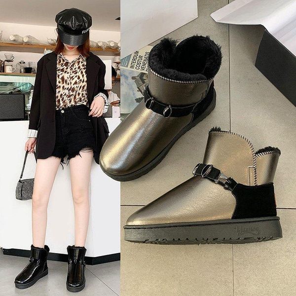 

student snow boots womens winter shiny fashion casual flat boots plus velvet warm low without lace-up sleeve womens, Black